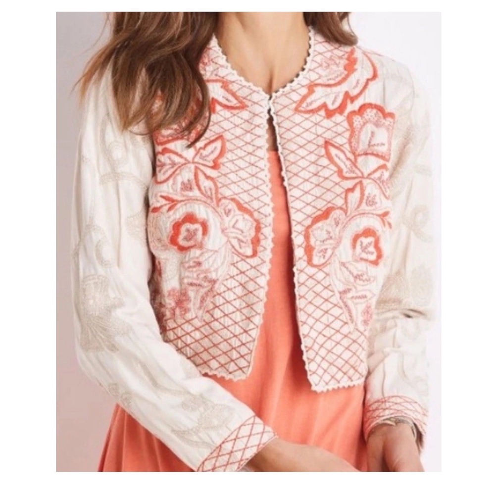 Soft Surroundings Twin Garlands Bolero Jacket L Embroidered Cropped Floral Beads
